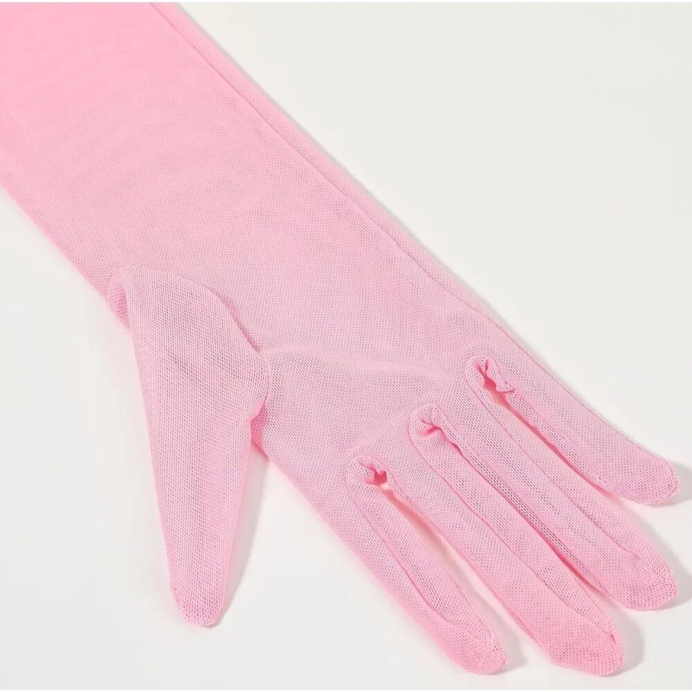 Women's Long Pink Ruffle Puff Cuff Sleeve Mesh Gloves Wedding Party Costume